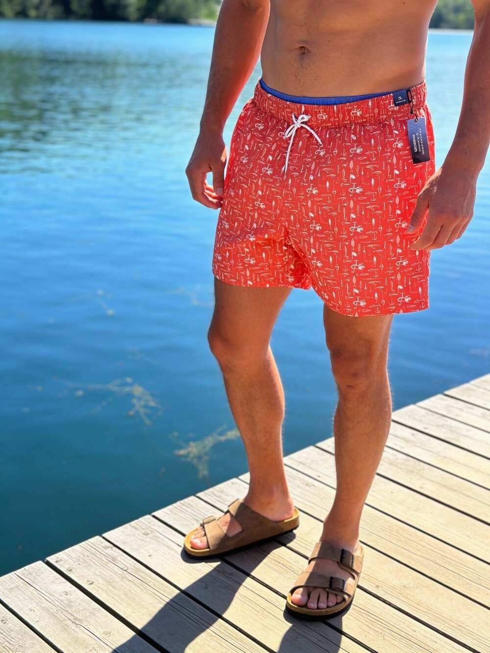 Roundtree & Yorke Swimwear Red Fishing Tackle Print Swim Trunks XL
